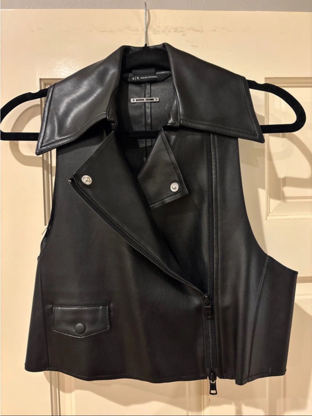 A/X Armani Exchange Black Leather Moto Vest with Oversized Collar